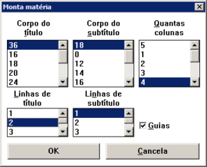 Diálogo de montar matéria jornalística no PageMaker