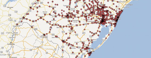 Mapa das torres de celular no Rio Grande do Sul feito no Google Fusion Tables com técnicas de Data Journalism. Acessei o site de mapas “Estação Radiobase”da Anatel, conforme dica...