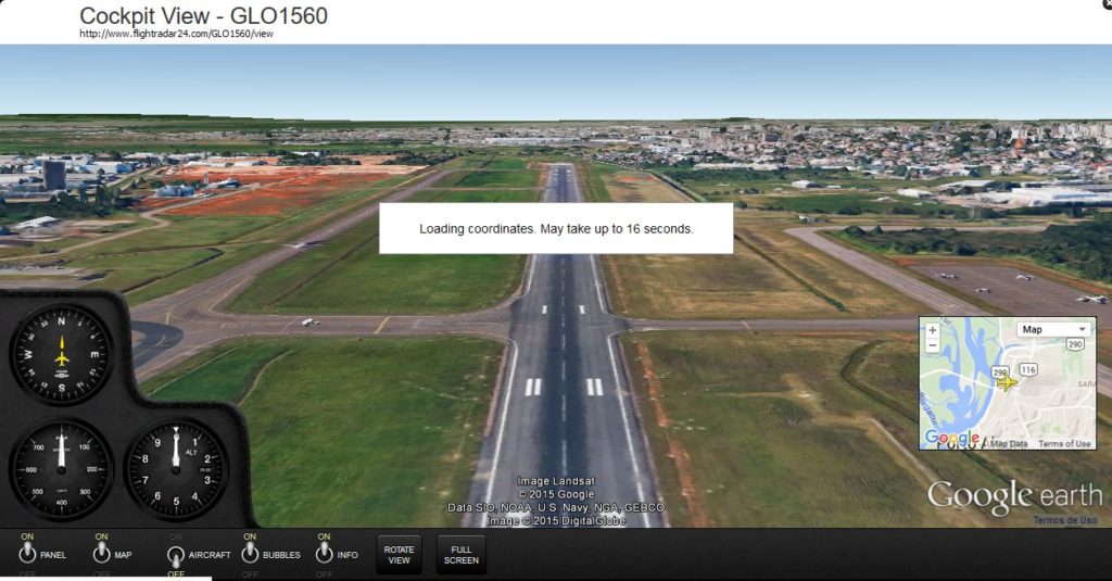 cockpit gerado pelo Flightradar24 usando o plugin do Google Earth.