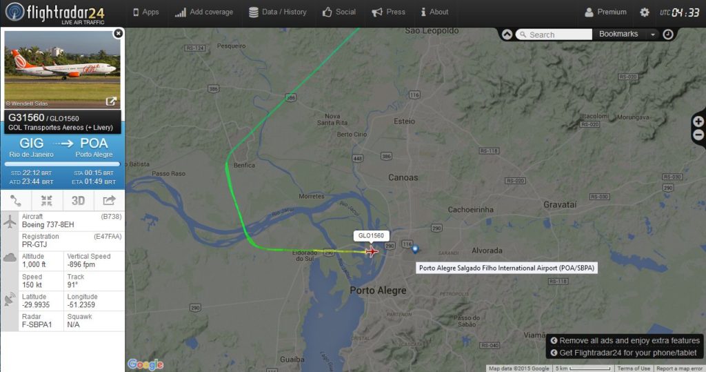 Flightradar.com, mostrando a trajetória de um voo da Gol Rio de Janeiro-Porto Alegre.